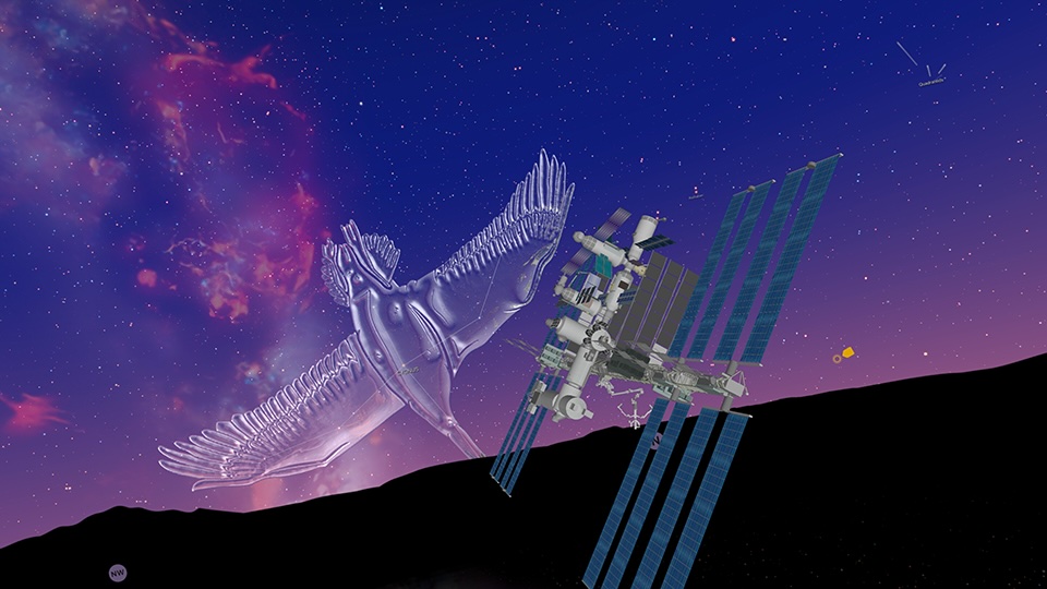 The International Space Station and a glass constellation in Night Sky on Apple Vision Pro